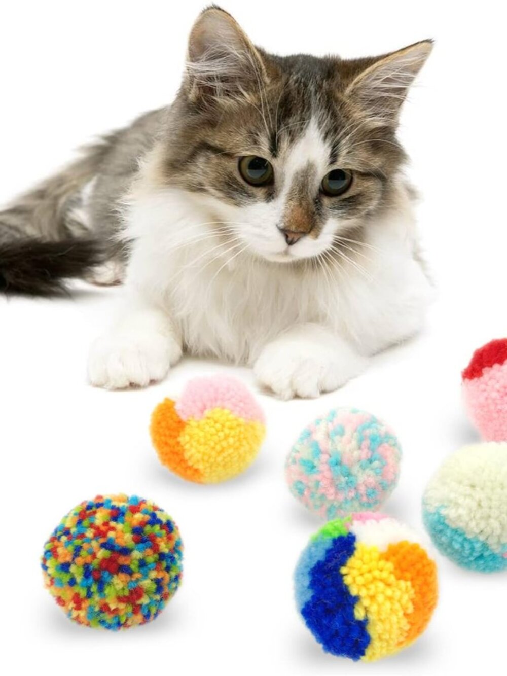 6 Pcs , Woolen Yarn Puffs Cat Pom Pom Balls Interactive Kitten Chasing Toys